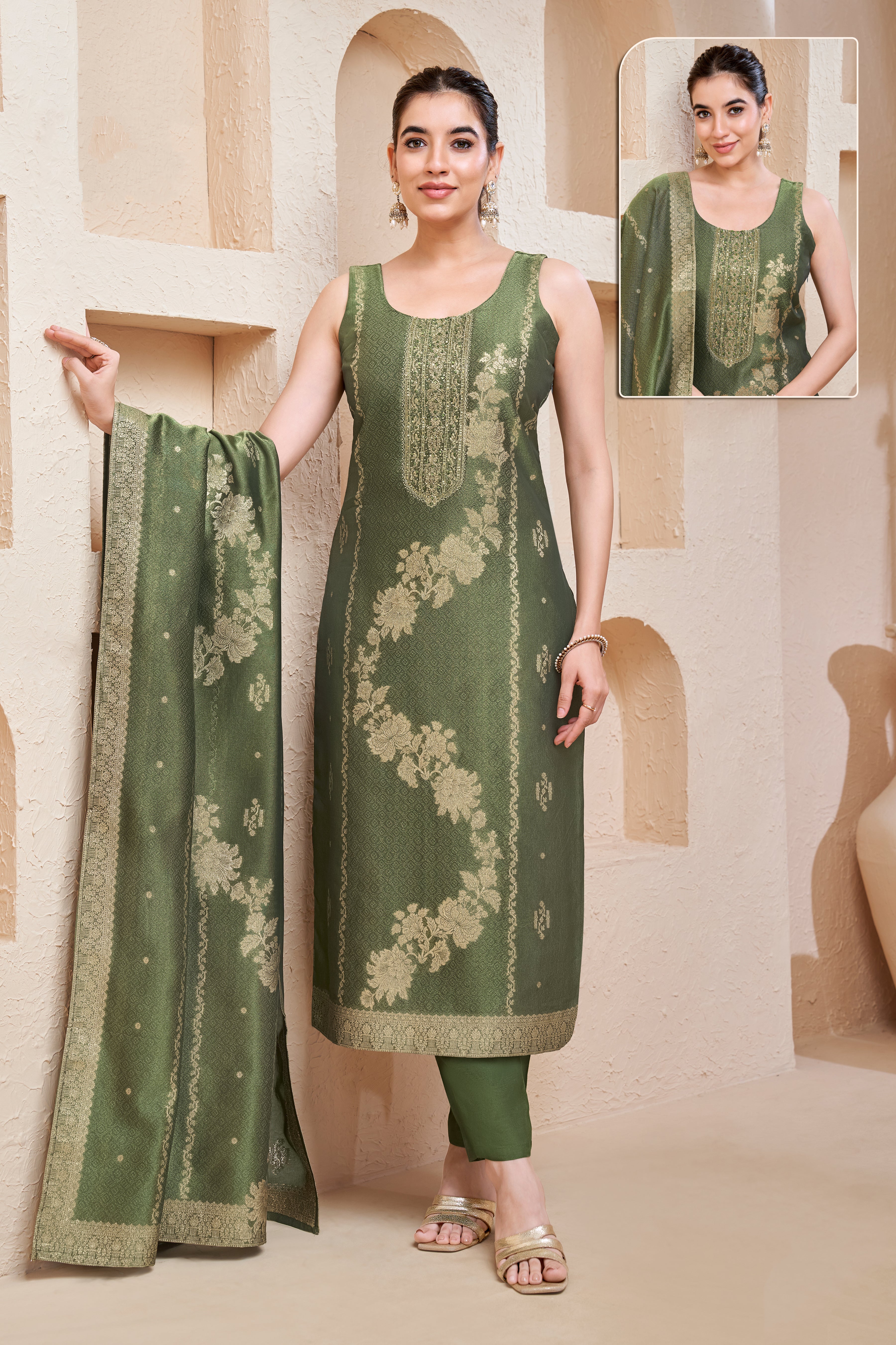 Sage Olive Silk Woven Suit Set